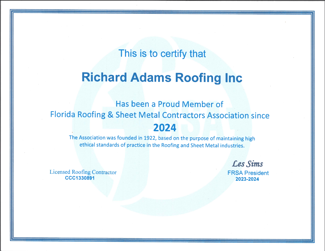 Florida Roofing and Sheet Metal Contractors Association membership certificate for Richard Adams Roofing Inc